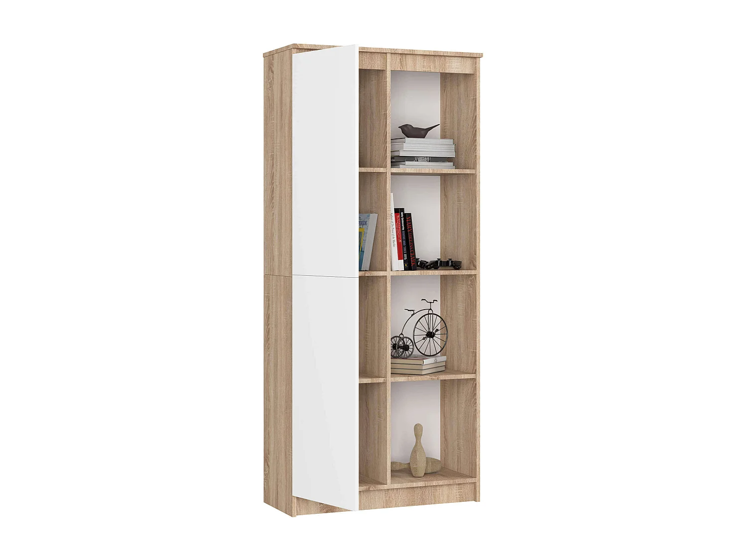 Bibliothèque de bureau AKORD R80 Chêne Sonoma 80 cm 1 porte façade Blanche mat 8 étagères 80x35x180 cm