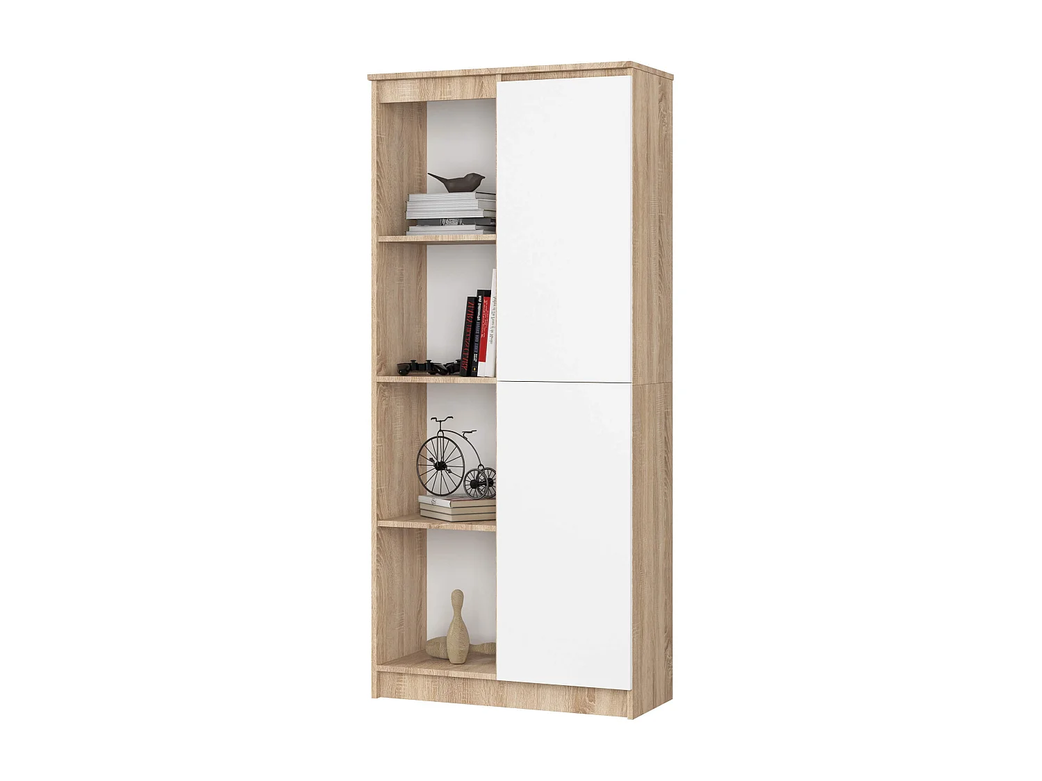 Bibliothèque de bureau AKORD R80 Chêne Sonoma 80 cm 1 porte façade Blanche mat 8 étagères 80x35x180 cm