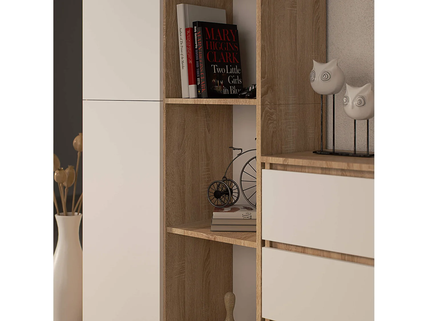 Bibliothèque de bureau AKORD R80 Chêne Sonoma 80 cm 1 porte façade Blanche mat 8 étagères 80x35x180 cm