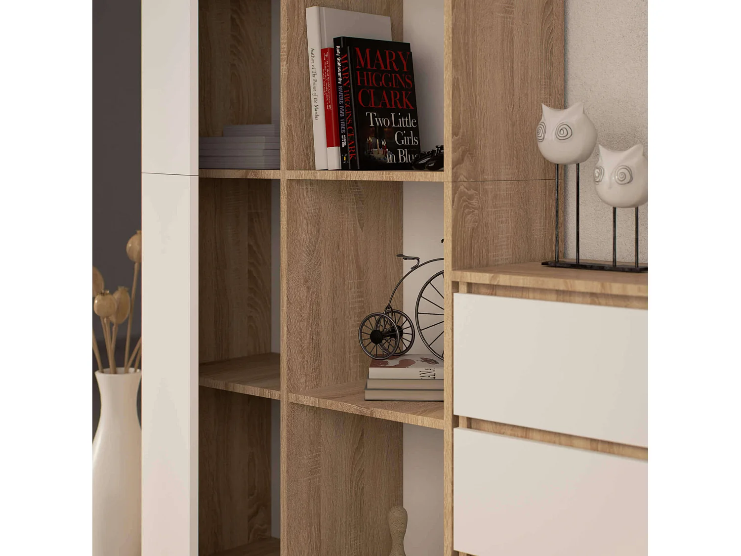 Bibliothèque de bureau AKORD R80 Chêne Sonoma 80 cm 1 porte façade Blanche mat 8 étagères 80x35x180 cm