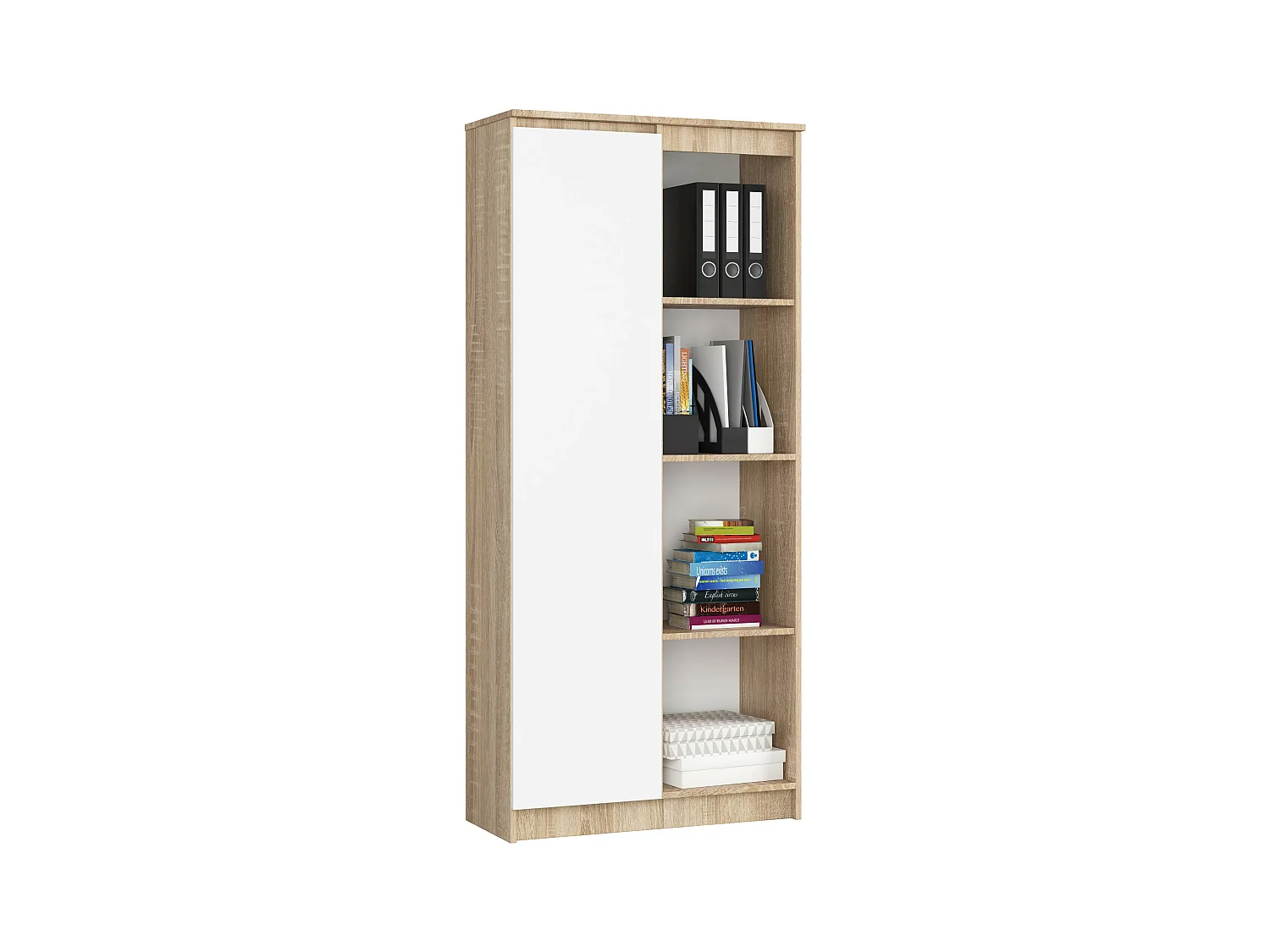 Regał AKORD R80 Dąb Sonoma 80 cm 1 drzwi kolor Biały mat 8 półek 80x35x180 cm
