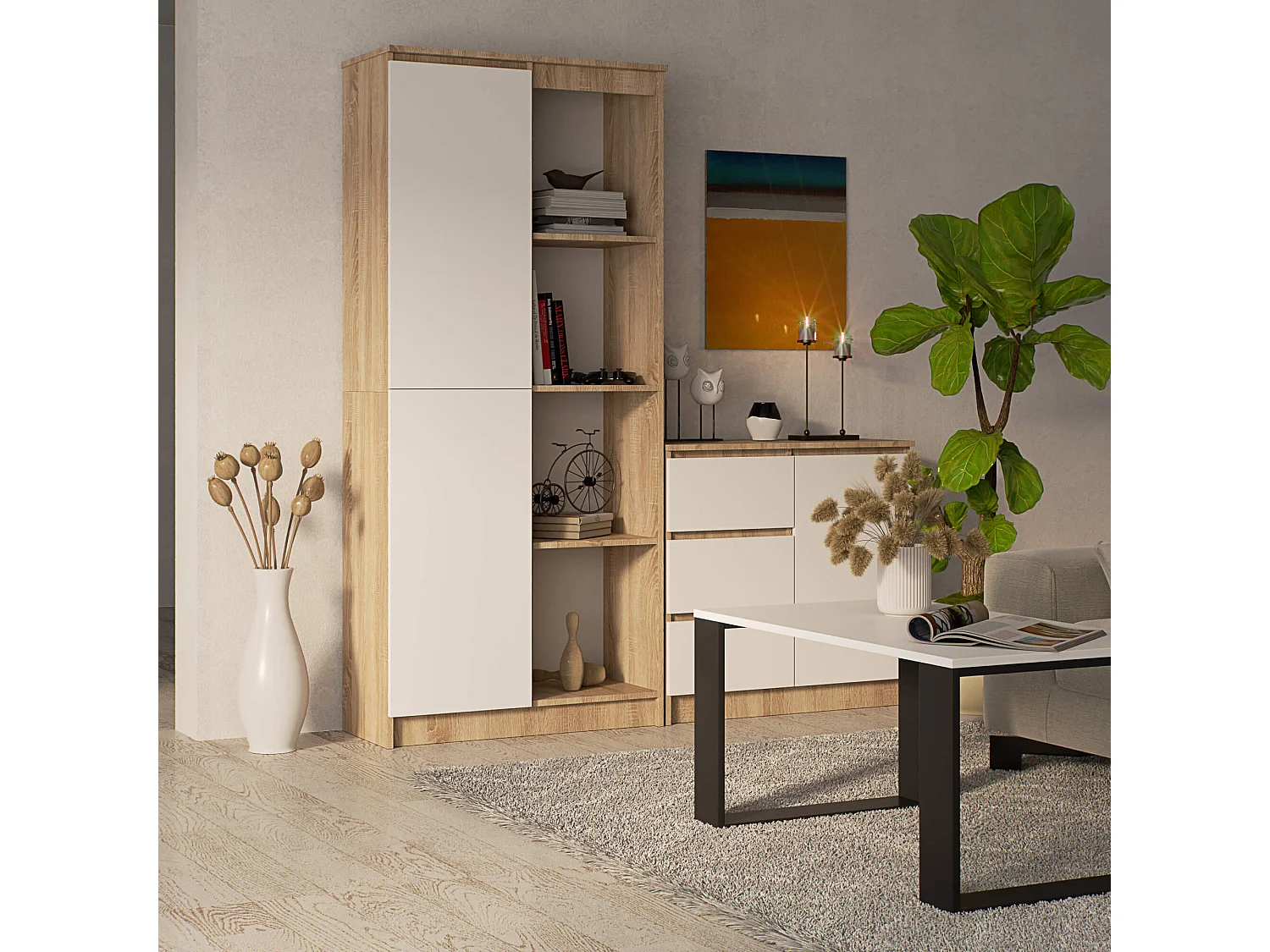 Staande Boekenkast 80x180 1-Deur 8-Planken Sonoma Eiken/Wit, Zelfmontage, Laminatede Platen 16mm, ABS Rand, Moderne Design, Ruim en Stijlvol Opbergsysteem