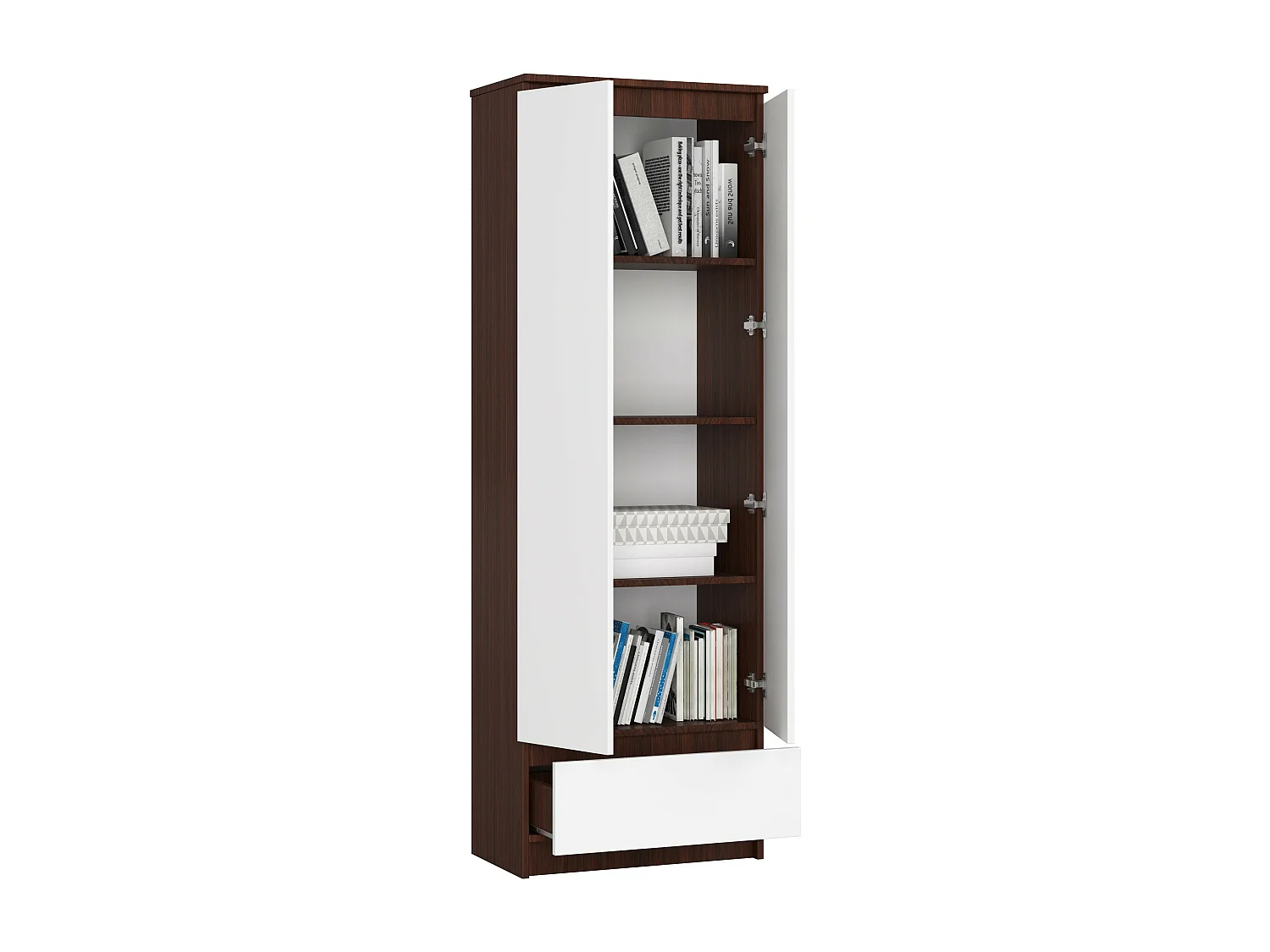 Bibliothèque de bureau Armoire AKORD R60 Wengé 60 cm 2 portes 1 tiroir façade Blanche 4 étagères 60x35x180 cm