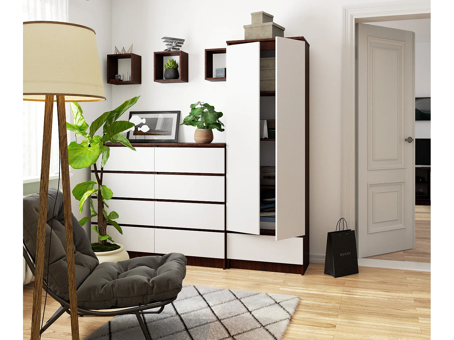 Bibliothèque de bureau Armoire AKORD R60 Wengé 60 cm 2 portes 1 tiroir façade Blanche 4 étagères 60x35x180 cm