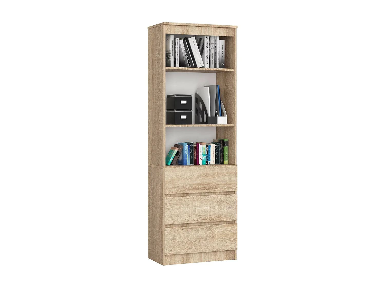 Büroregal AKORD R60 Büro-Bücherregal Sonoma-Eiche 60 cm 3 Schubladen 3 Ebenen B60 x H180 x T35 cm