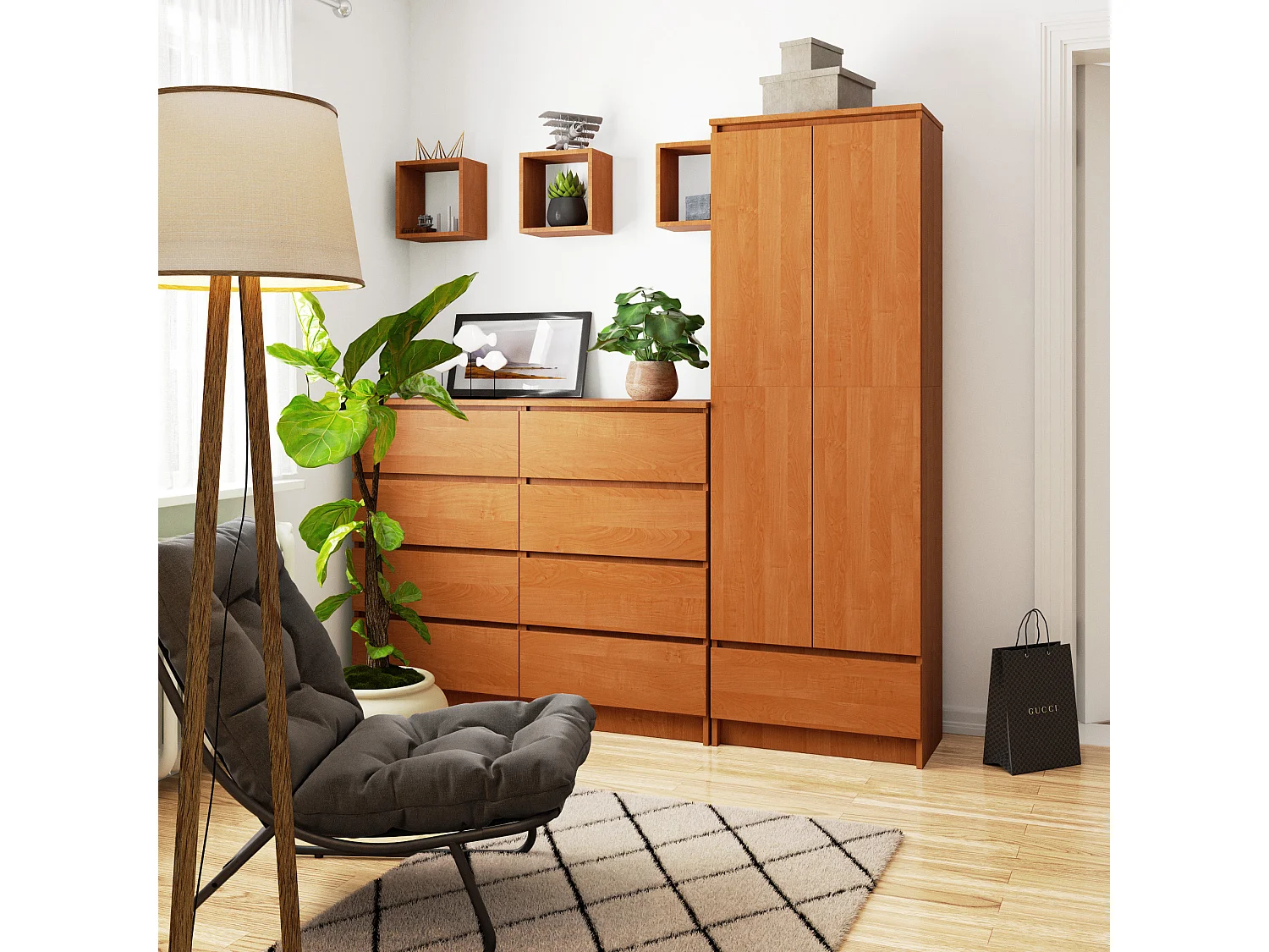 Kantoorkast 60cm - 1 Lade, 2 Deuren - Vrijstaand Mat Houten Afwerking - Zelfmontage - 4 Planken - Afmetingen: 60x180x35cm