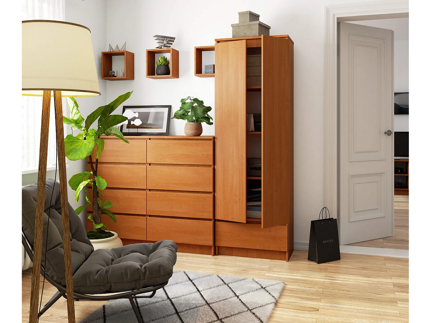 Bibliothèque de bureau AKORD R60 Aulne 60 cm 2 portes 1 tiroir façade Aulne mat 4 étagères 60x35x180 cm