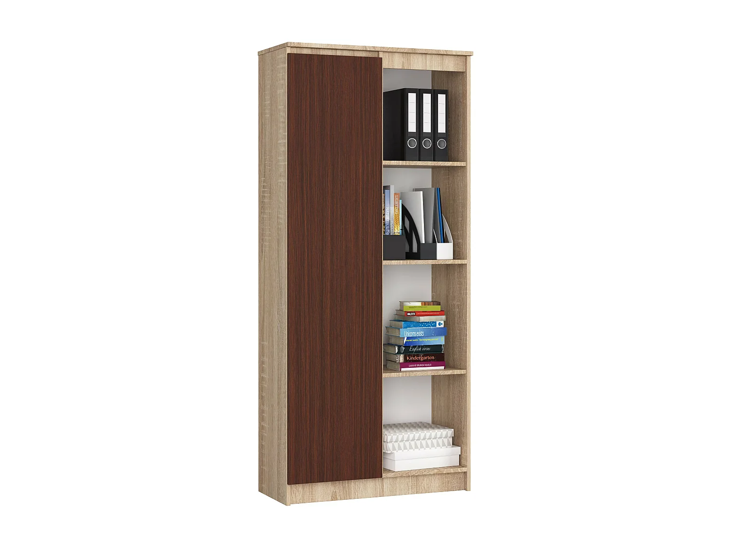 Bibliothèque de bureau AKORD R80 Chêne Sonoma 80 cm 1 porte façade Wengé mat 8 étagères 80x35x180 cm