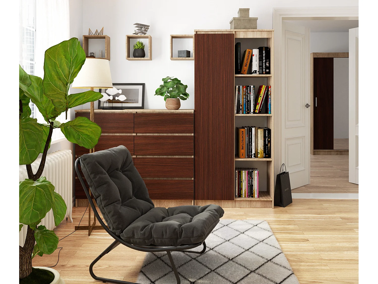 Bibliothèque de bureau AKORD R80 Chêne Sonoma 80 cm 1 porte façade Wengé mat 8 étagères 80x35x180 cm