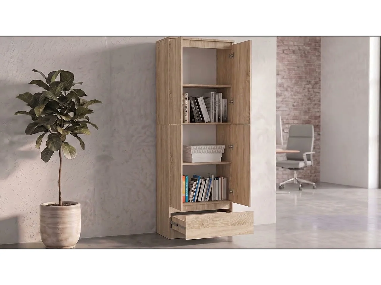 Bibliothèque de bureau AKORD R60 Chêne Sonoma 60 cm 2 portes 1 tiroir façade Chêne Sonoma mat 4 étagères 60x35x180 cm