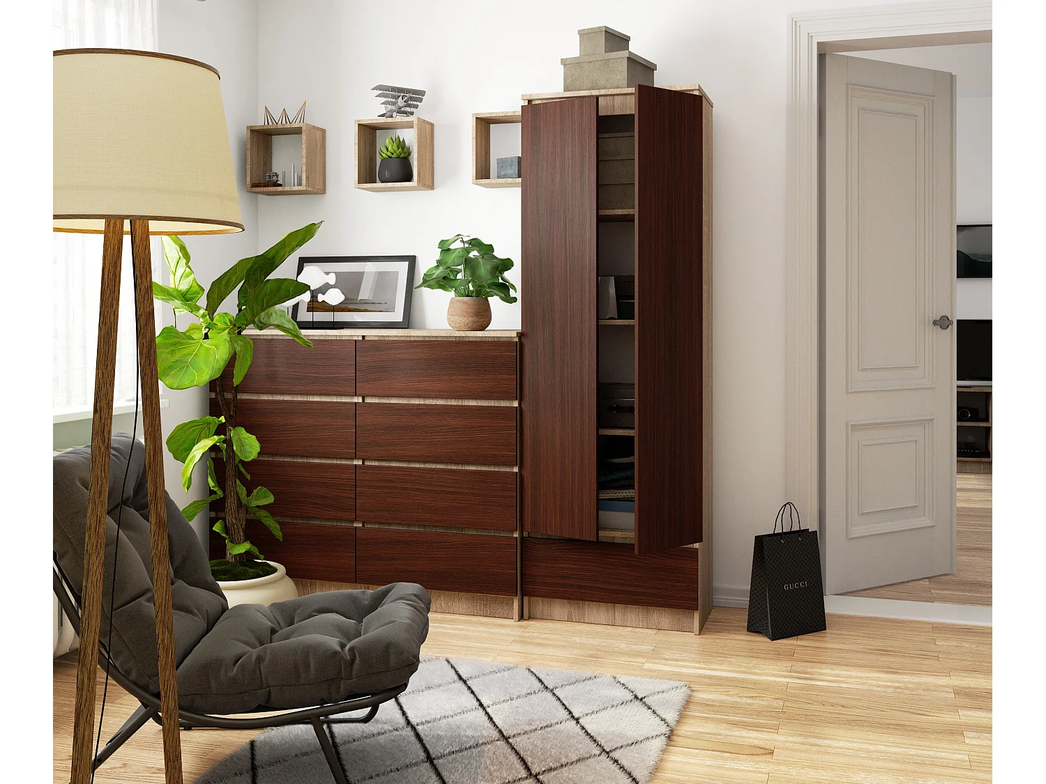 Bibliothèque de bureau Armoire AKORD R60 Chêne Sonoma 60 cm 2 portes 1 tiroir façade Wengé 4 étagères 60x35x180 cm