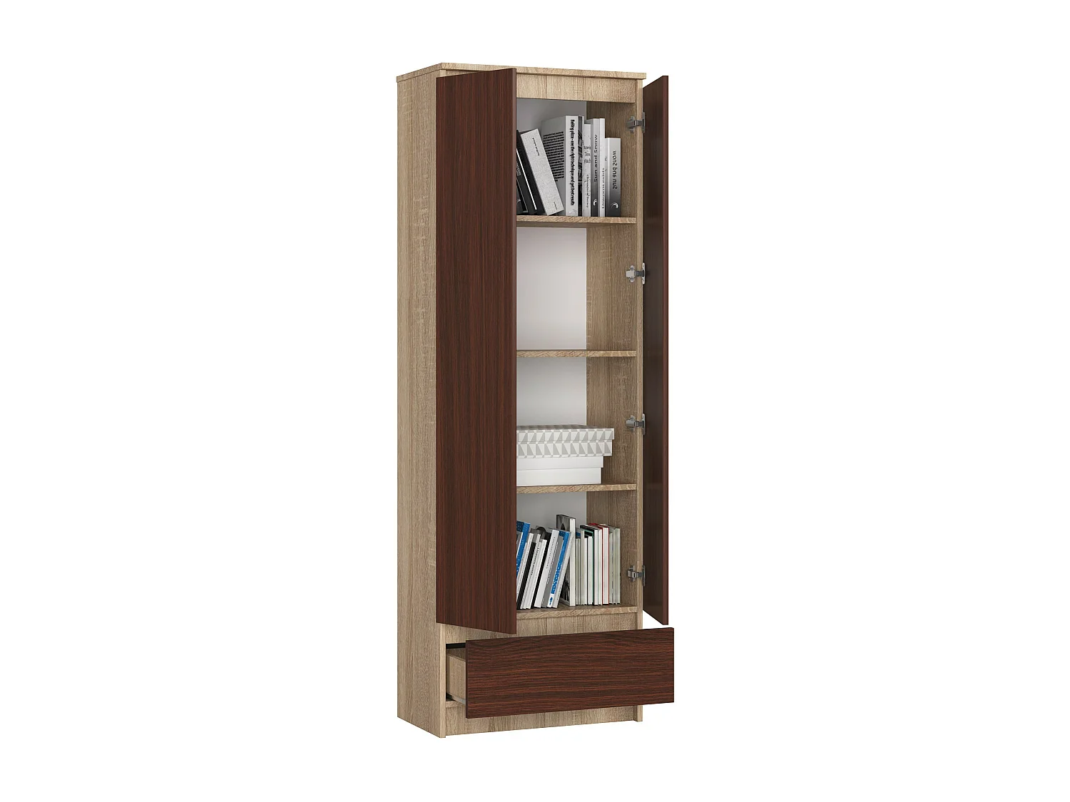 Bibliothèque de bureau Armoire AKORD R60 Chêne Sonoma 60 cm 2 portes 1 tiroir façade Wengé 4 étagères 60x35x180 cm
