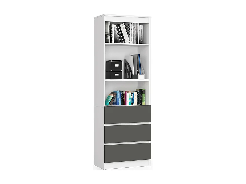 Büroregal AKORD R60 Büro-Bücherregal Weiß 60 cm 3 Schubladen 3 Ebenen Front Graphitgrau B60 x H180 x T35 cm
