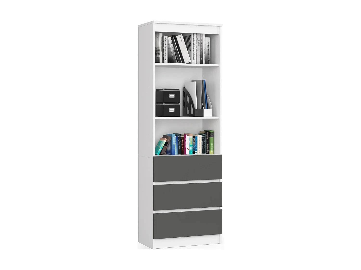 Bibliothèque de bureau AKORD R60 Blanche 60 cm 3 tiroirs façade Gris Graphite mat 3 étagères 60x35x180 cm