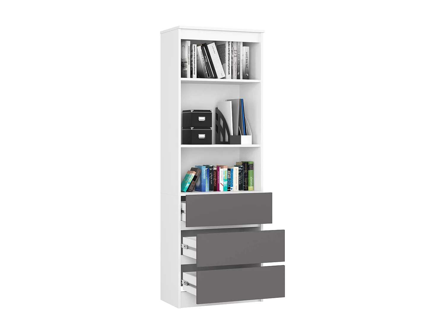 Bibliothèque de bureau AKORD R60 Blanche 60 cm 3 tiroirs façade Gris Graphite mat 3 étagères 60x35x180 cm