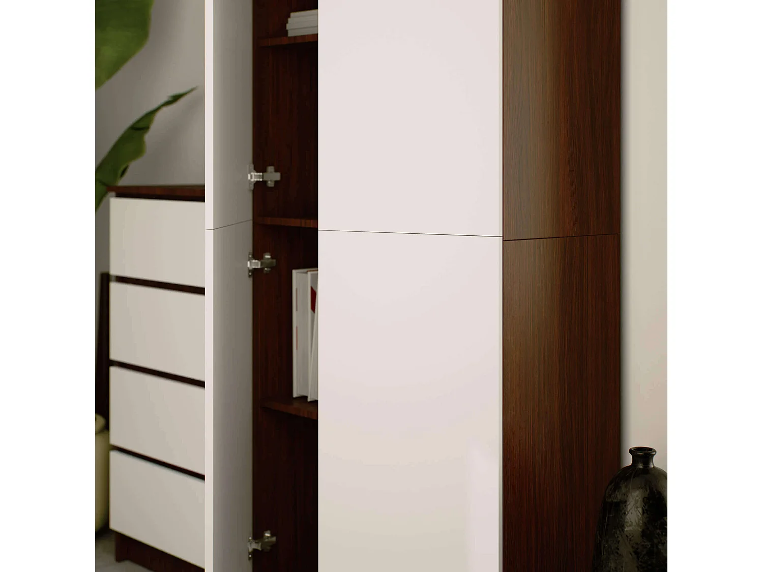 Armoire de rangement AKORD R80 Wengé 80 cm 2 portes façade Blanche mat 8 étagères 80x35x180 cm