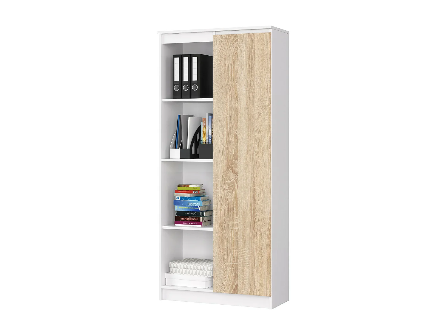 Bibliothèque de bureau AKORD R80 Blanche 80 cm 1 porte façade Chêne Sonoma mat 8 étagères 80x35x180 cm