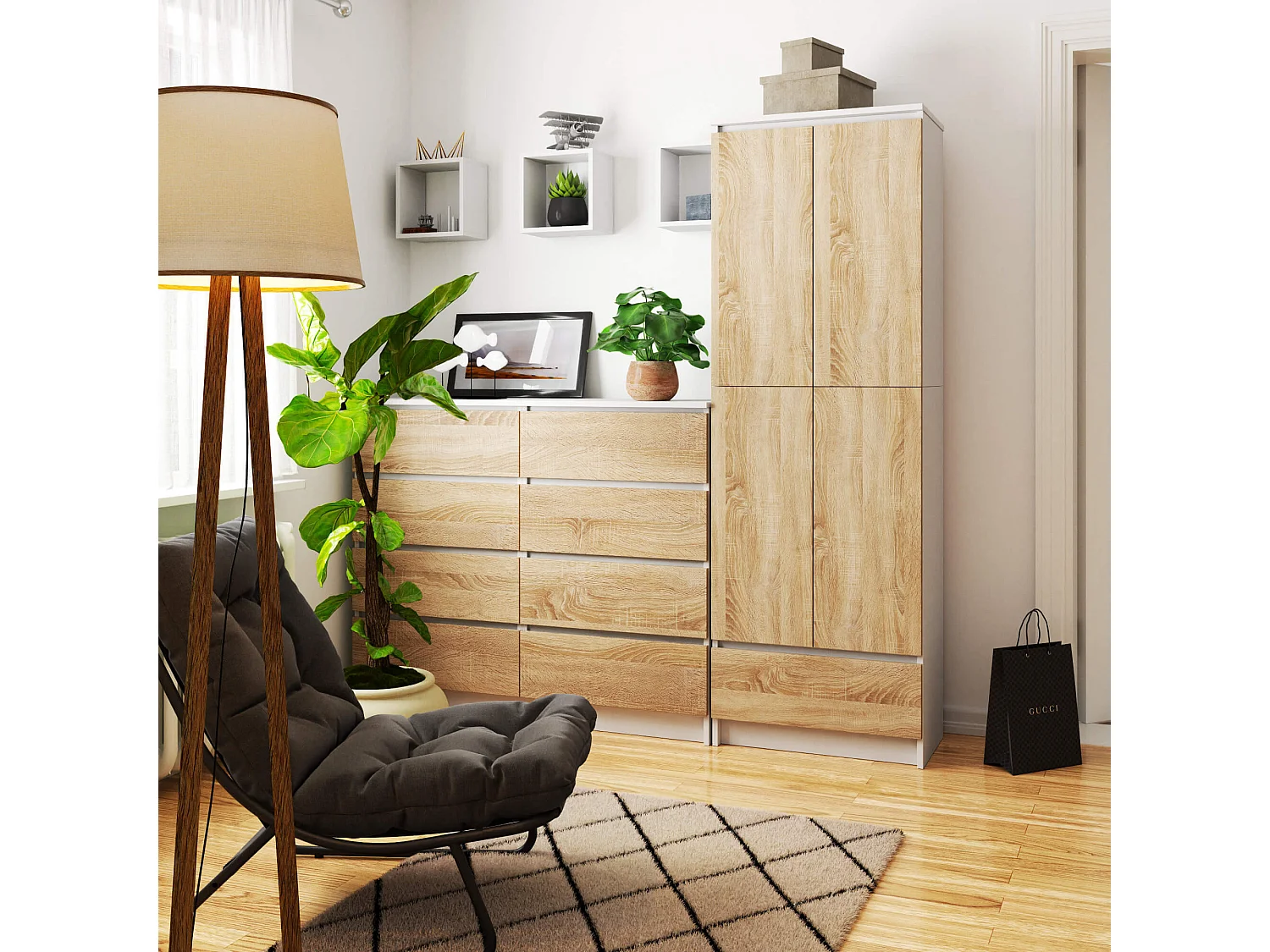 Gesloten Boekenkast R60 Met 2 Deuren en 1 La in Wit/Sonoma-Eik