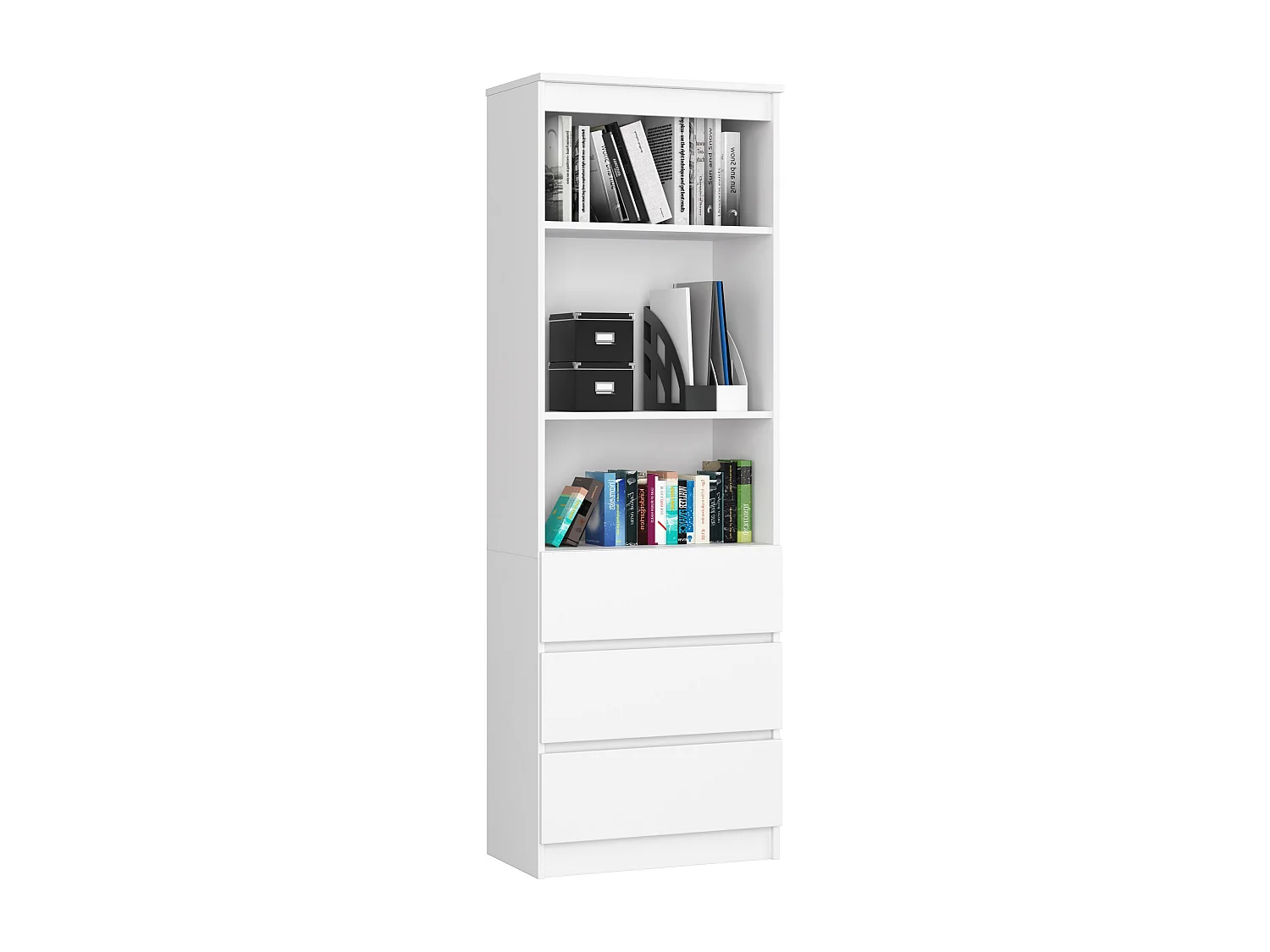 Bibliothèque de bureau AKORD R60 Blanche 60 cm 3 tiroirs façade Blanche mat 3 étagères 60x35x180 cm