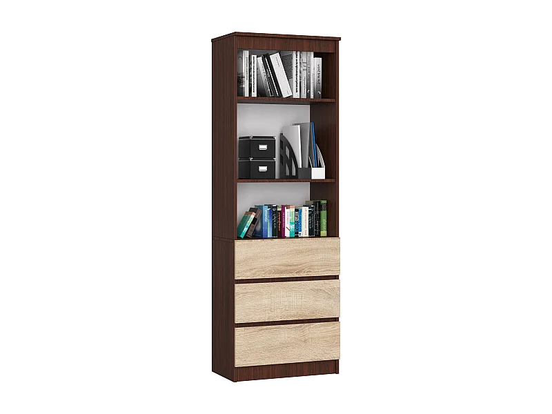 Bibliothèque de bureau AKORD R60 Wengé 60 cm 3 tiroirs façade Chêne Sonoma mat 3 étagères 60x35x180 cm