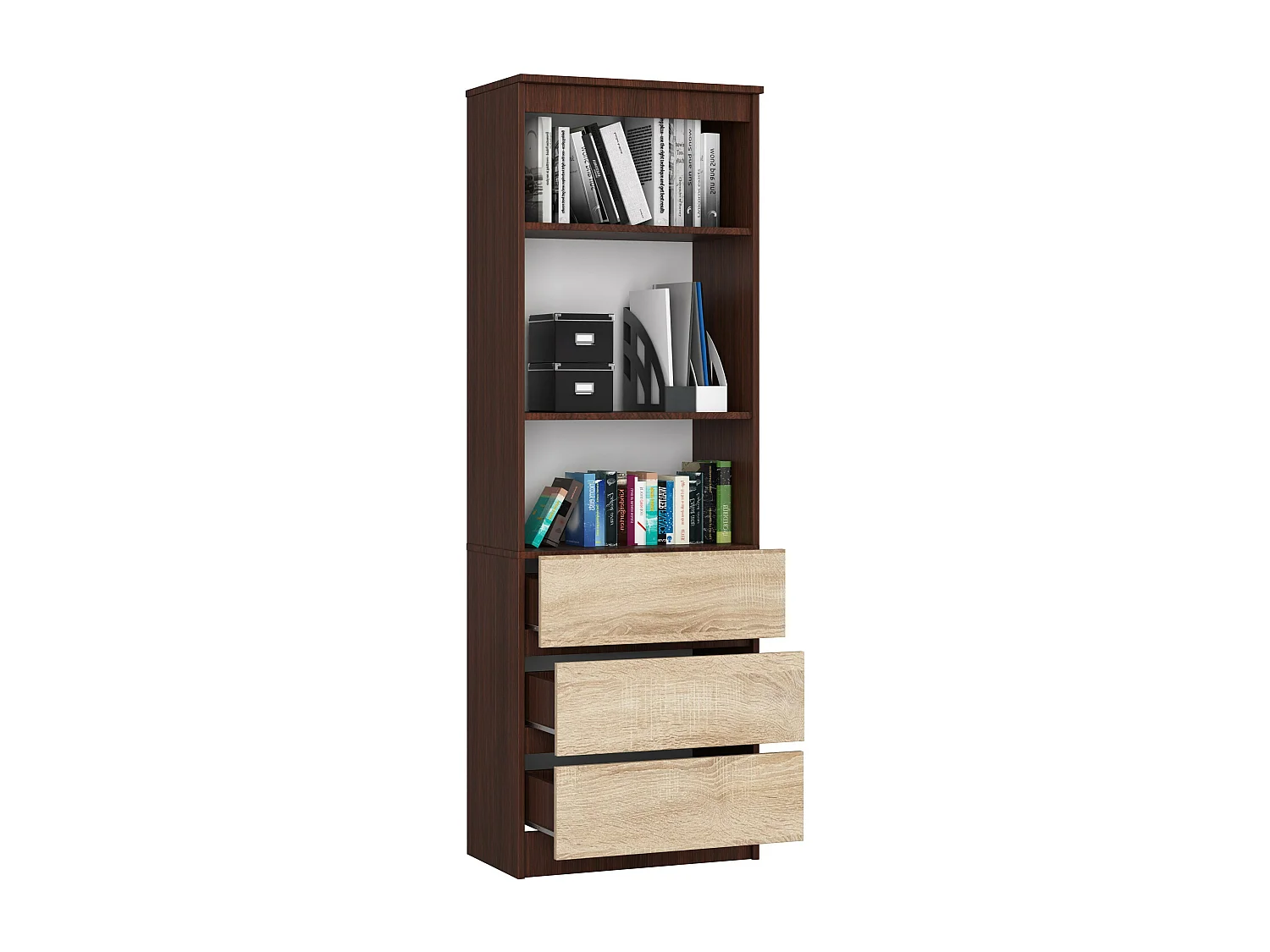 Staande Boekenkast R60 met 3 Lades en 2 Deuren - Wengé/Dubbelzijde Sonoma Eiken - 180x60x35 cm - Zelfmontage - Robuust Laminaten Constructie