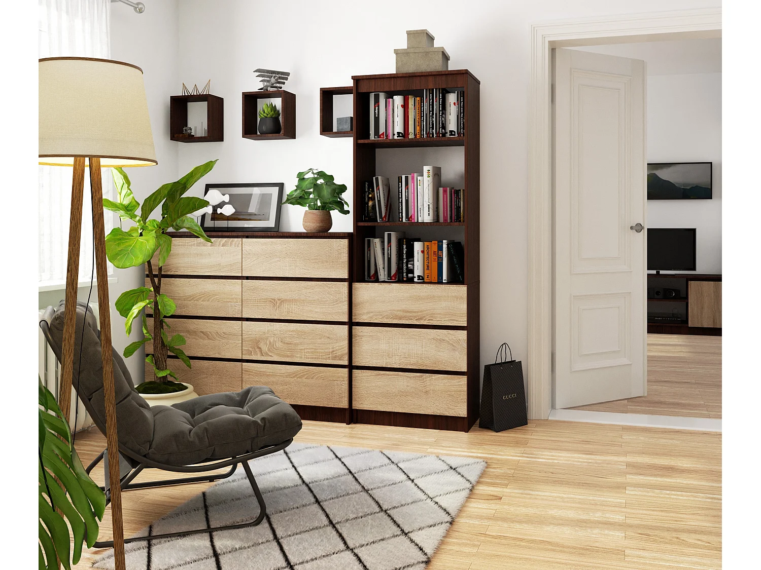 Staande Boekenkast R60 met 3 Lades en 2 Deuren - Wengé/Dubbelzijde Sonoma Eiken - 180x60x35 cm - Zelfmontage - Robuust Laminaten Constructie