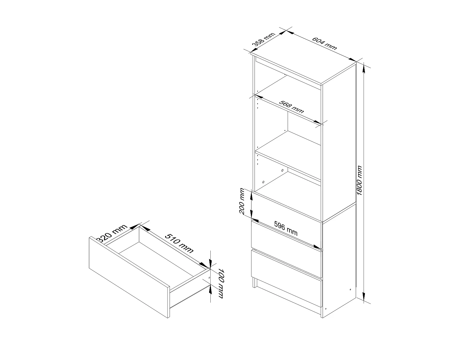 Bibliothèque de bureau AKORD R60 Wengé 60 cm 3 tiroirs façade Chêne Sonoma mat 3 étagères 60x35x180 cm