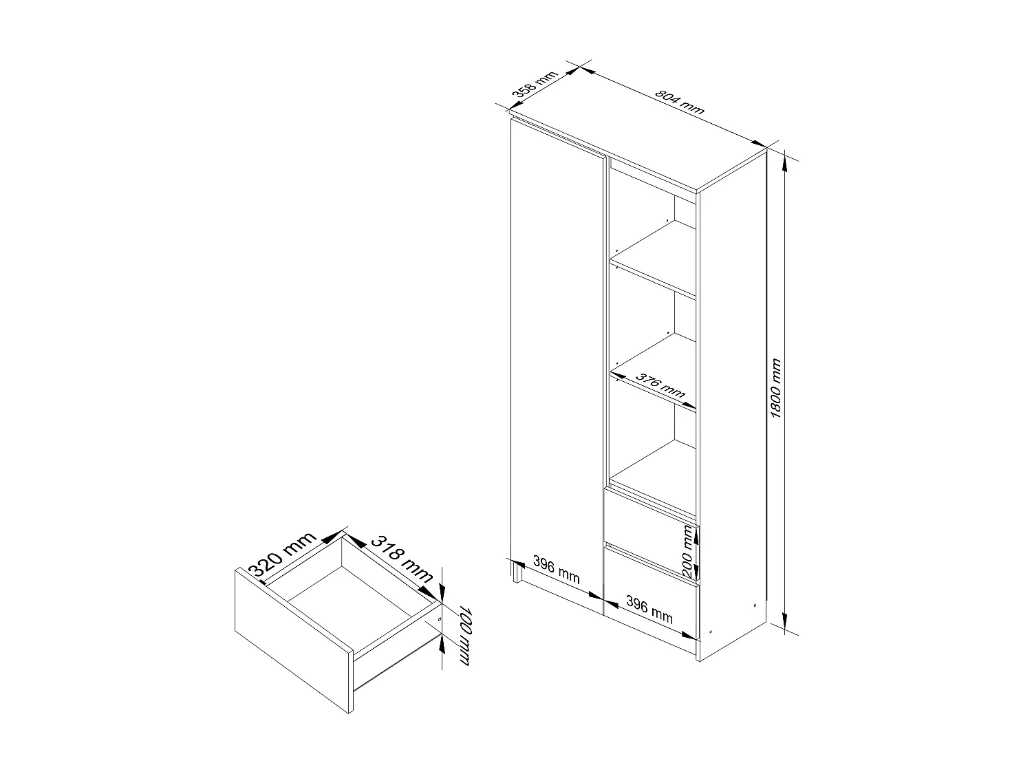 Bibliothèque de bureau AKORD R11 Wengé 80 cm 1 porte 2 tiroirs façade Wengé mat 7 étagères 80x35x180 cm