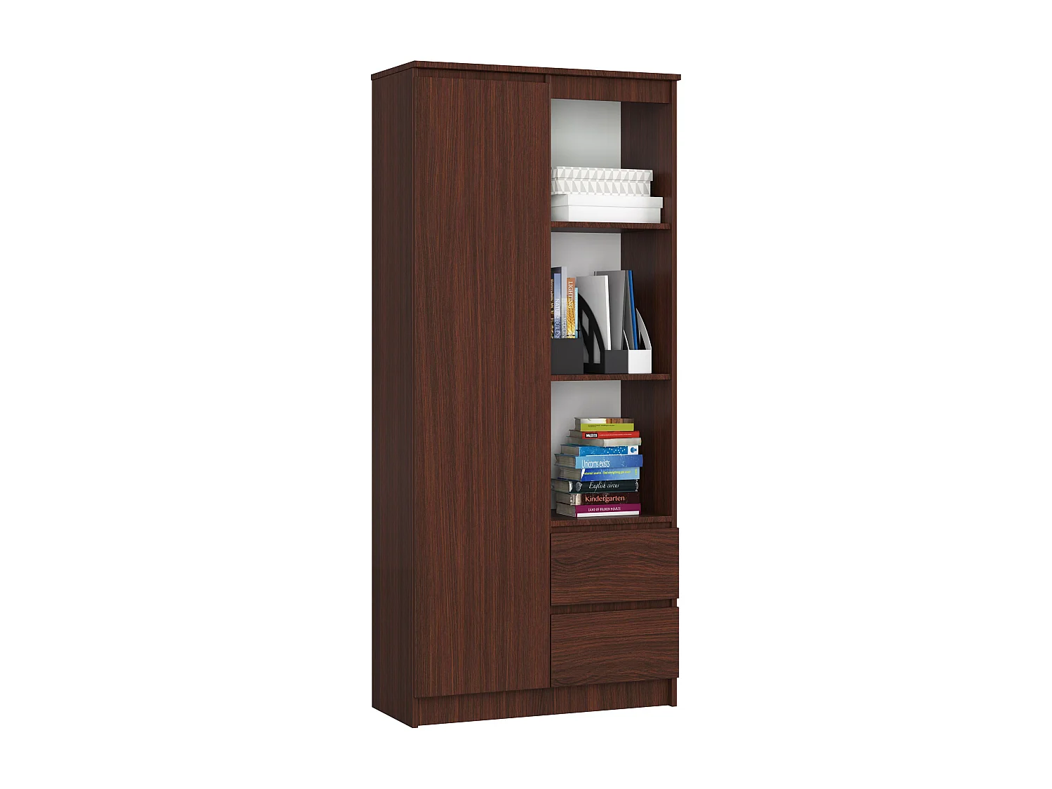 Bibliothèque de bureau AKORD R11 Wengé 80 cm 1 porte 2 tiroirs façade Wengé mat 7 étagères 80x35x180 cm