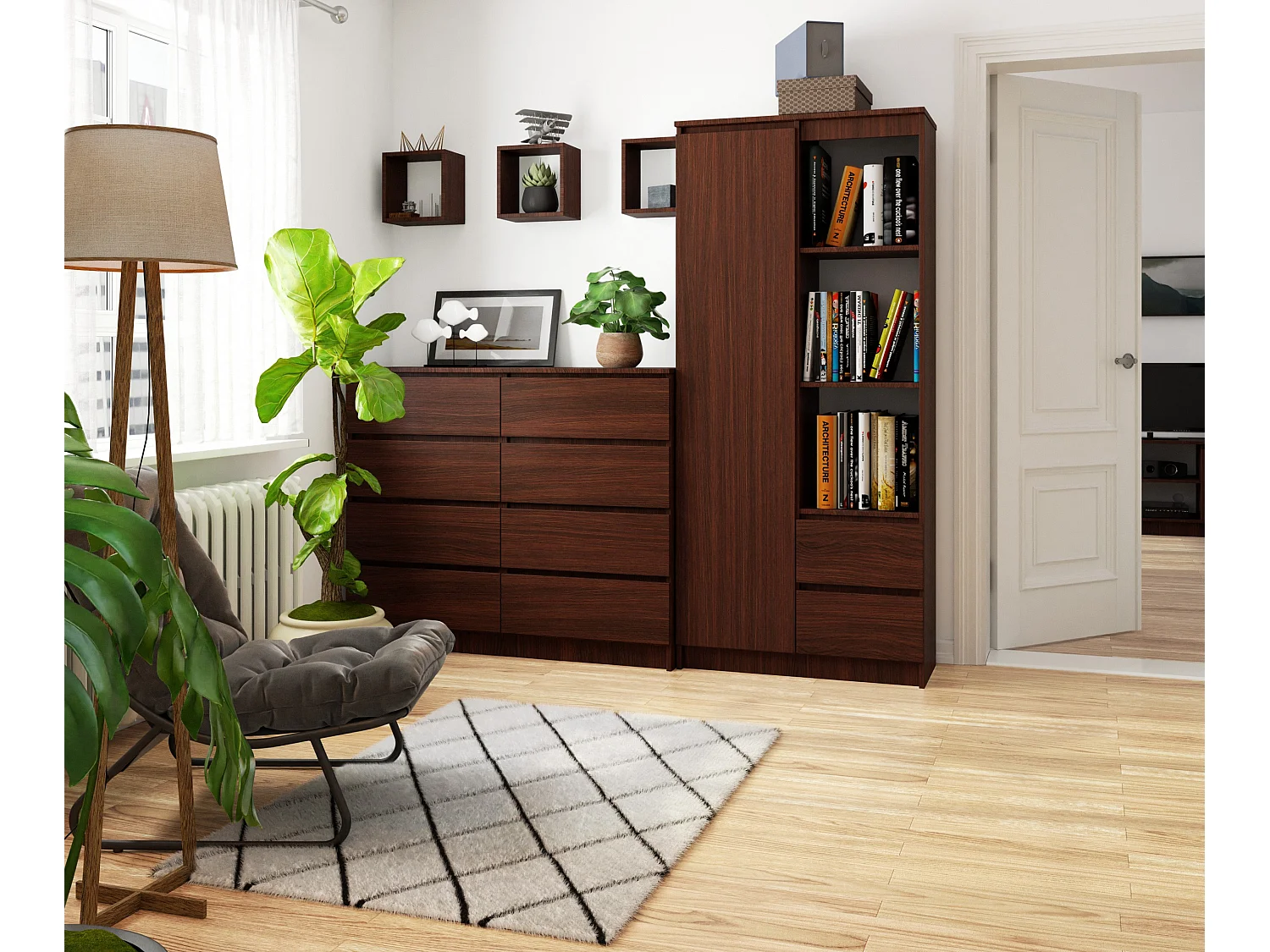 Bibliothèque de bureau AKORD R11 Wengé 80 cm 1 porte 2 tiroirs façade Wengé mat 7 étagères 80x35x180 cm