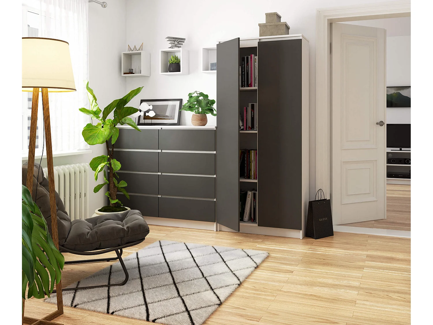 Armoire de rangement AKORD R80 Blanche 80 cm 2 portes façade Gris Graphite mat 8 étagères 80x35x180 cm