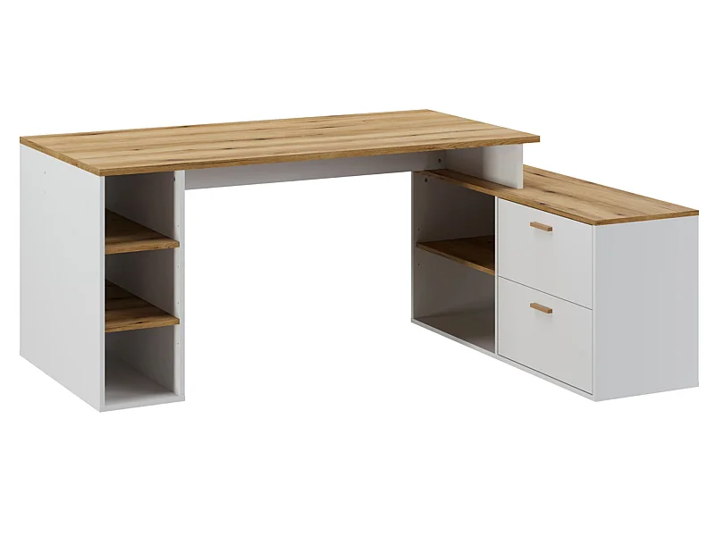 Bureau d'angle en mélamine coloris imitation chêne artisan / blanc - L. 183  x P. 141 x H. 75 cm