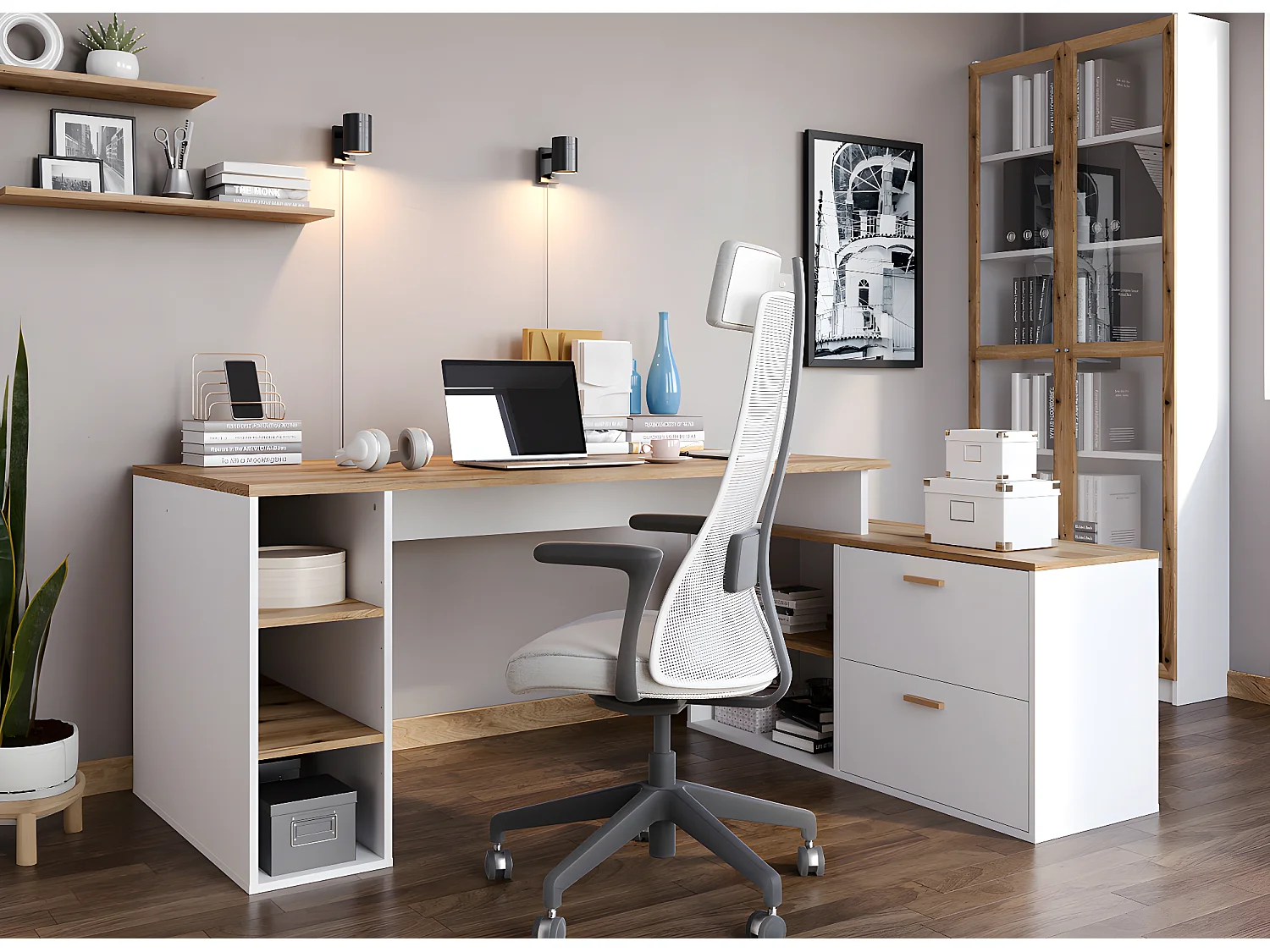 Bureau d'angle en mélamine coloris imitation chêne artisan / blanc - L. 183  x P. 141 x H. 75 cm