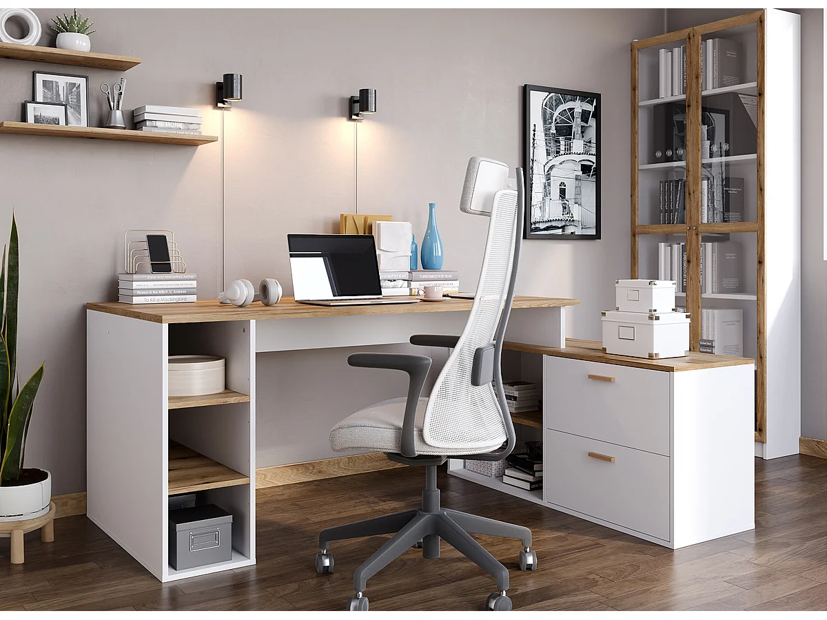 Bureau d'angle en mélamine coloris imitation chêne artisan / blanc - L. 183  x P. 141 x H. 75 cm