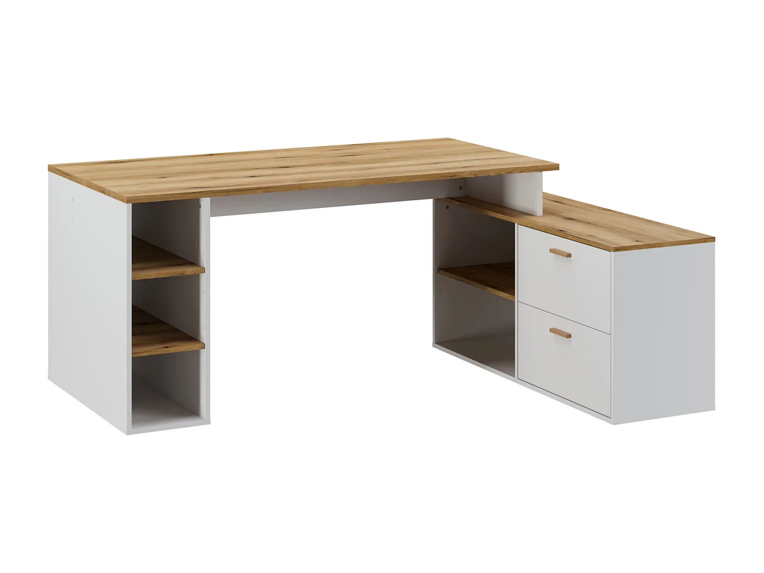 Bureau d'angle en mélamine coloris imitation chêne artisan / blanc - L. 183  x P. 141 x H. 75 cm