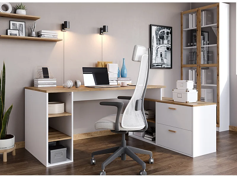 Bureau d'angle en mélamine coloris imitation chêne artisan / blanc - L. 183  x P. 141 x H. 75 cm