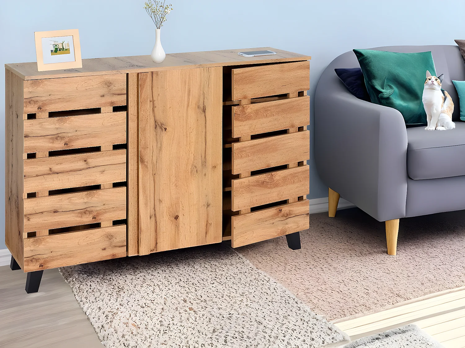 Credenza armadietto sideboard MCW-M46 ante scorrevoli 88x120x34cm legno chiaro