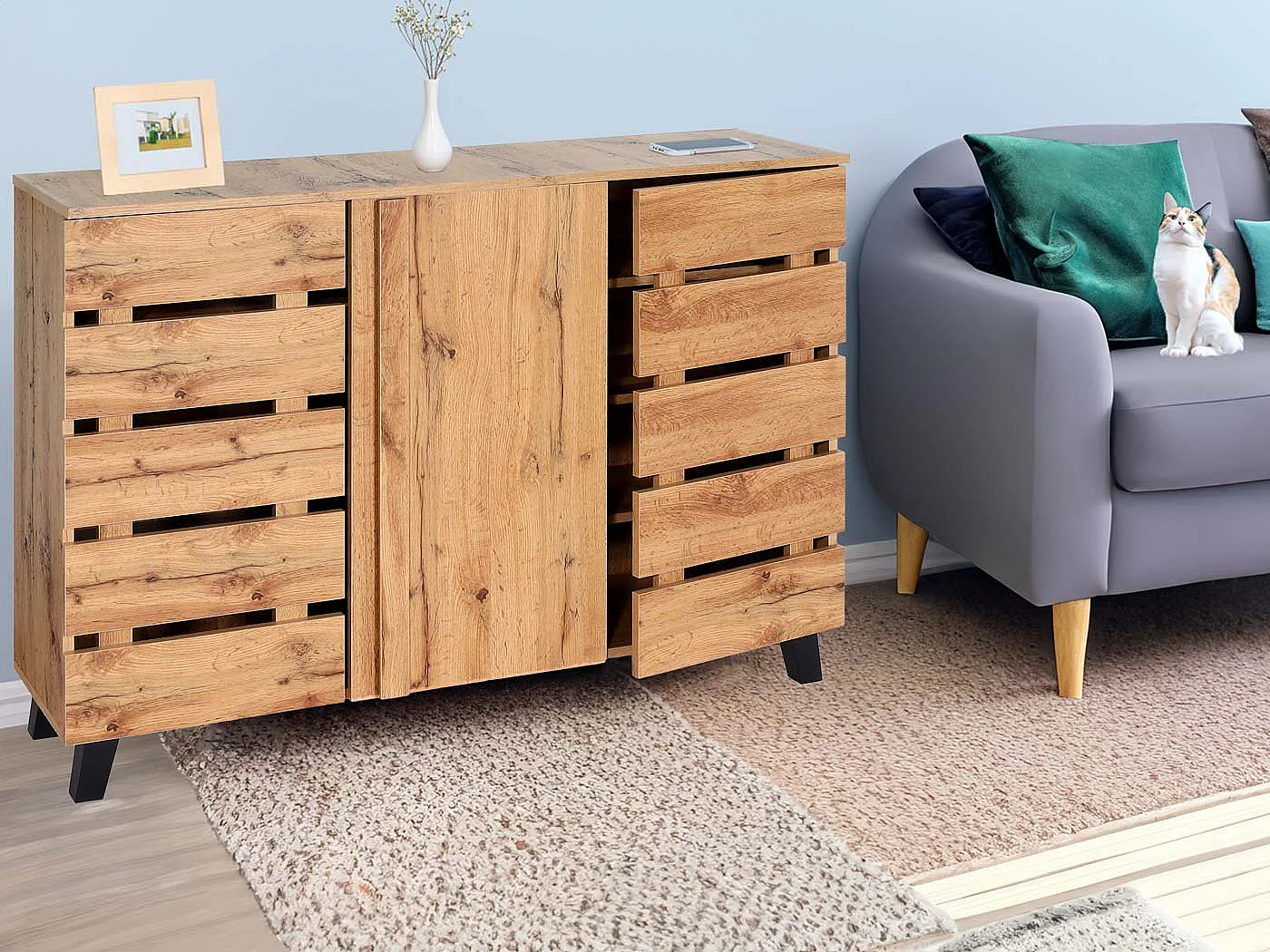 Sideboard MCW-M46, Kommode Schrank Anrichte, 3 Türen 8 Staufächer 88x120x34cm, naturfarben