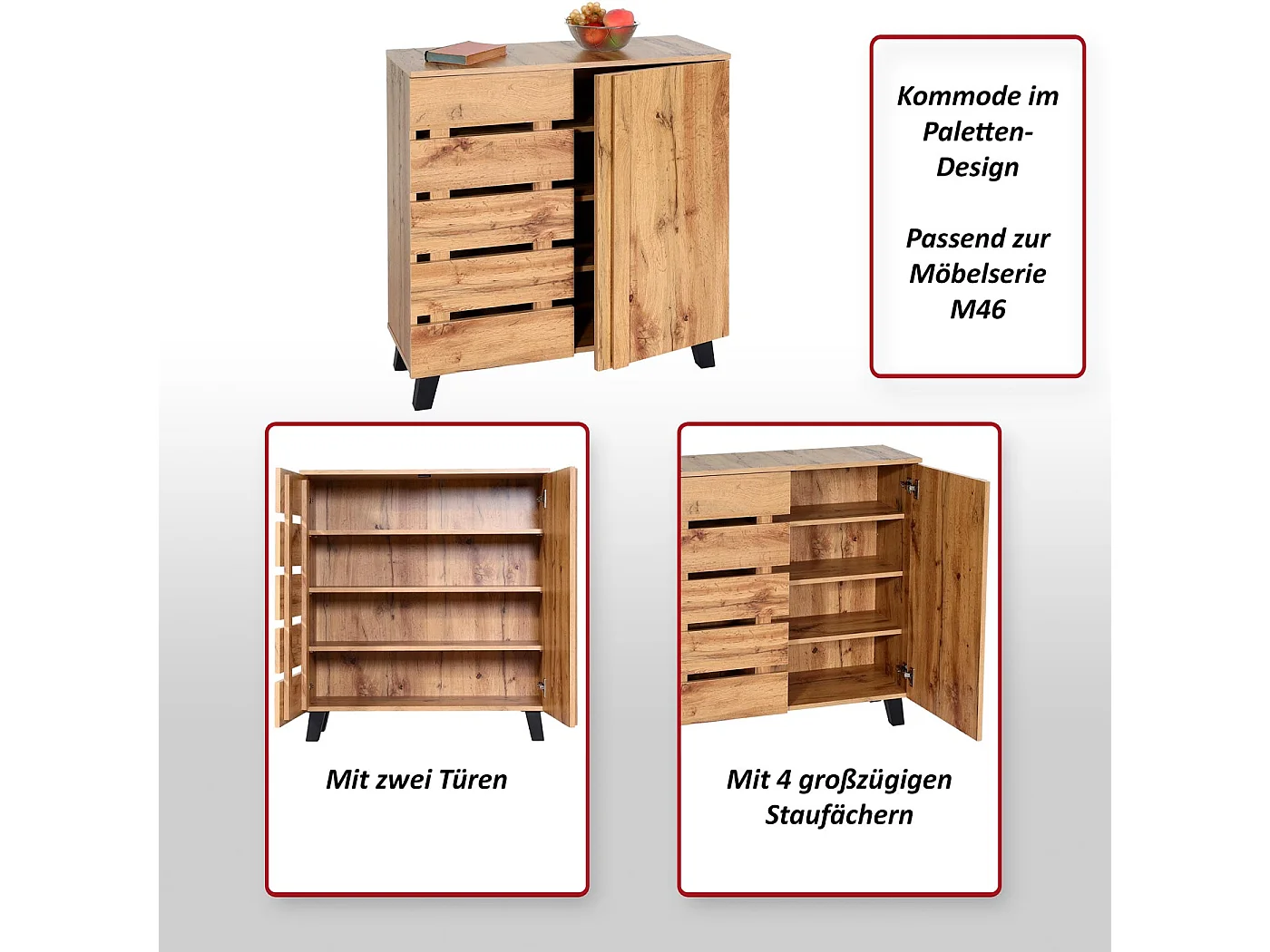Credenza armadietto mobile MCW-M46 ante scorrevoli 88x80x34cm legno chiaro