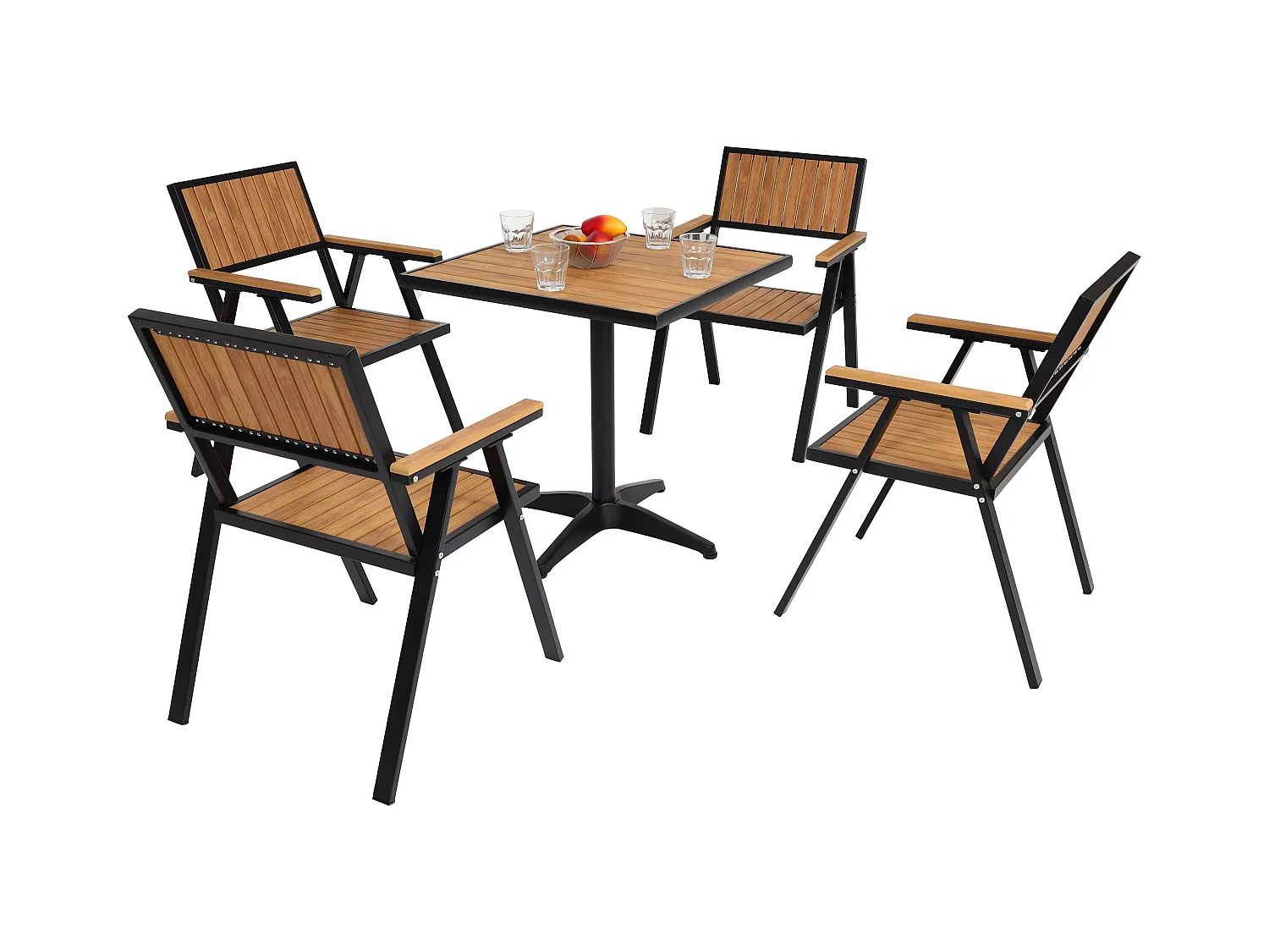 Set de 4 chaises de jardin + table de jardin MCW-J95,  noir, teck