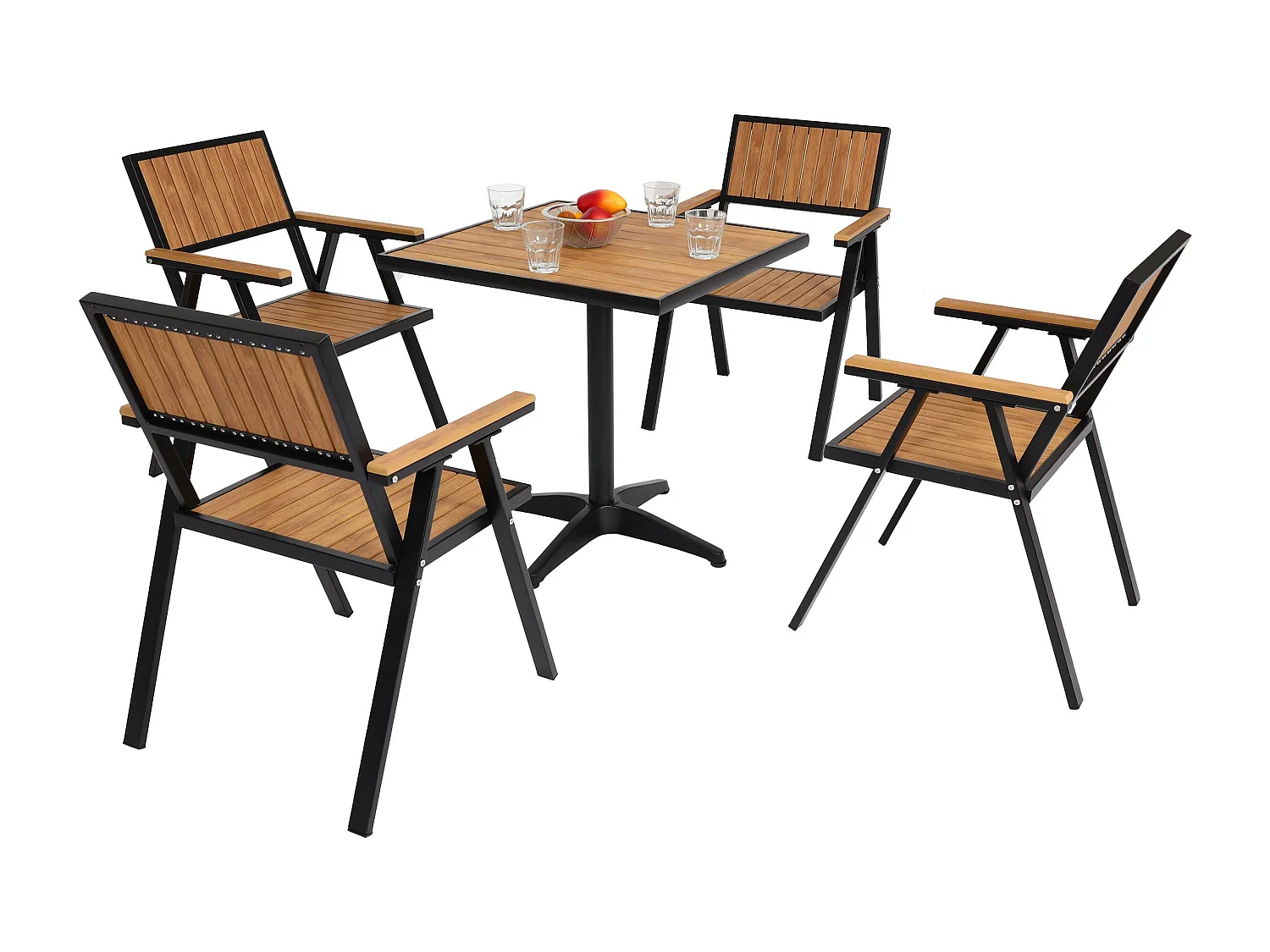 Set de 4 chaises de jardin + table de jardin MCW-J95,  noir, teck