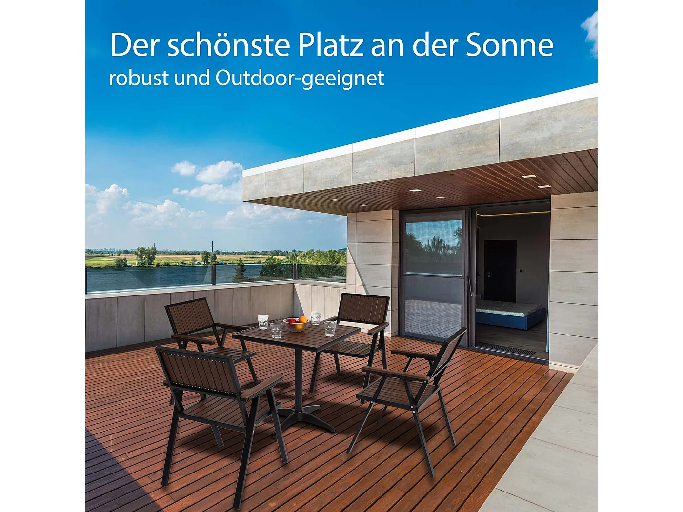 Set de 4 chaises de jardin + table de jardin MCW-J95,  noir, teck