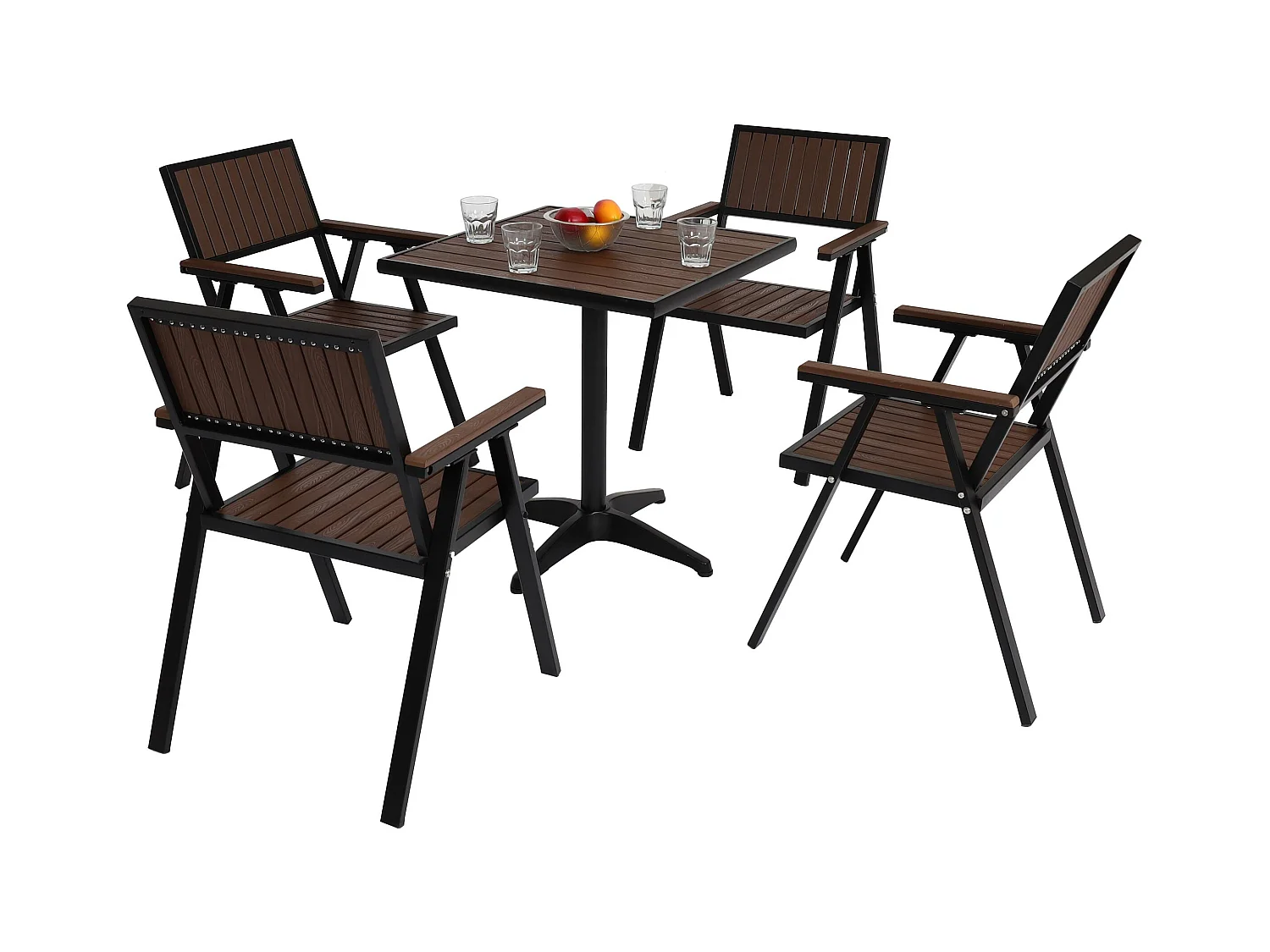 Set de 4 chaises de jardin + table de jardin MCW-J95,  noir, marron foncé
