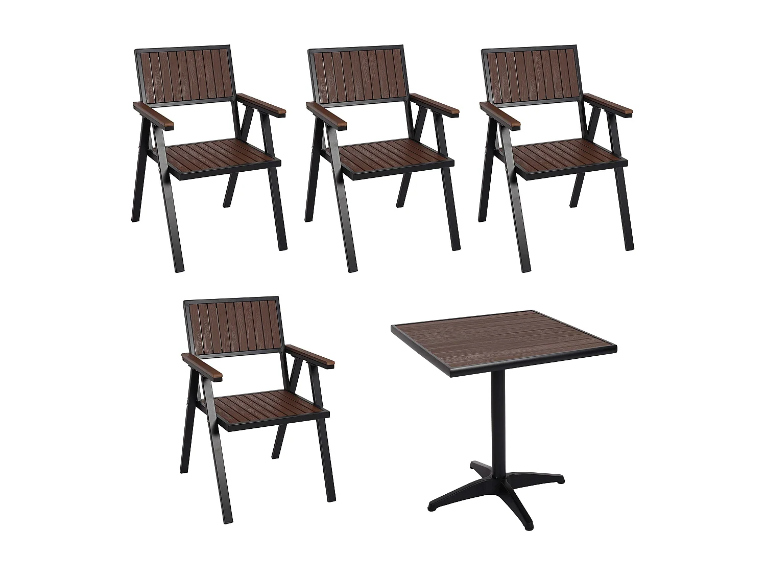 Set de 4 chaises de jardin + table de jardin MCW-J95,  noir, marron foncé