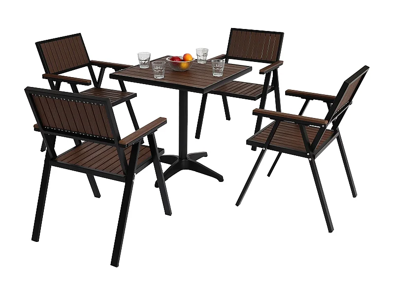 Set de 4 chaises de jardin + table de jardin MCW-J95,  noir, marron foncé