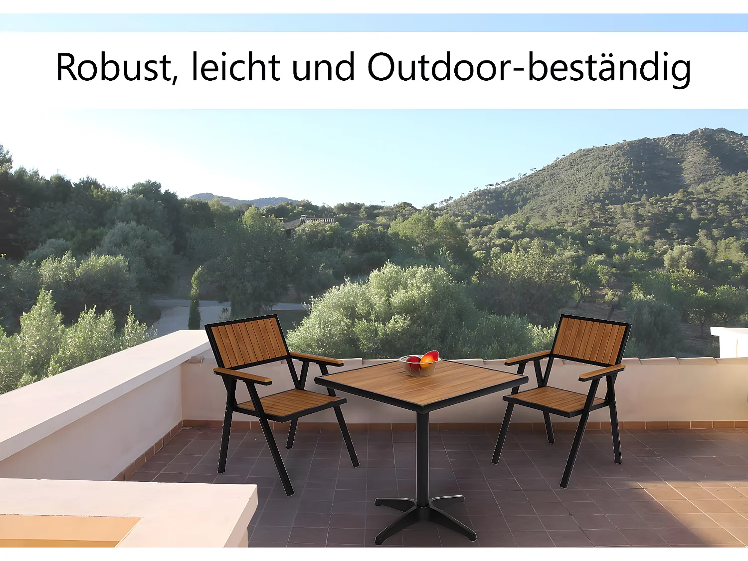 Conjunto de 2 sillas de jardín + mesa de jardín MCW-J95,  negro, teca