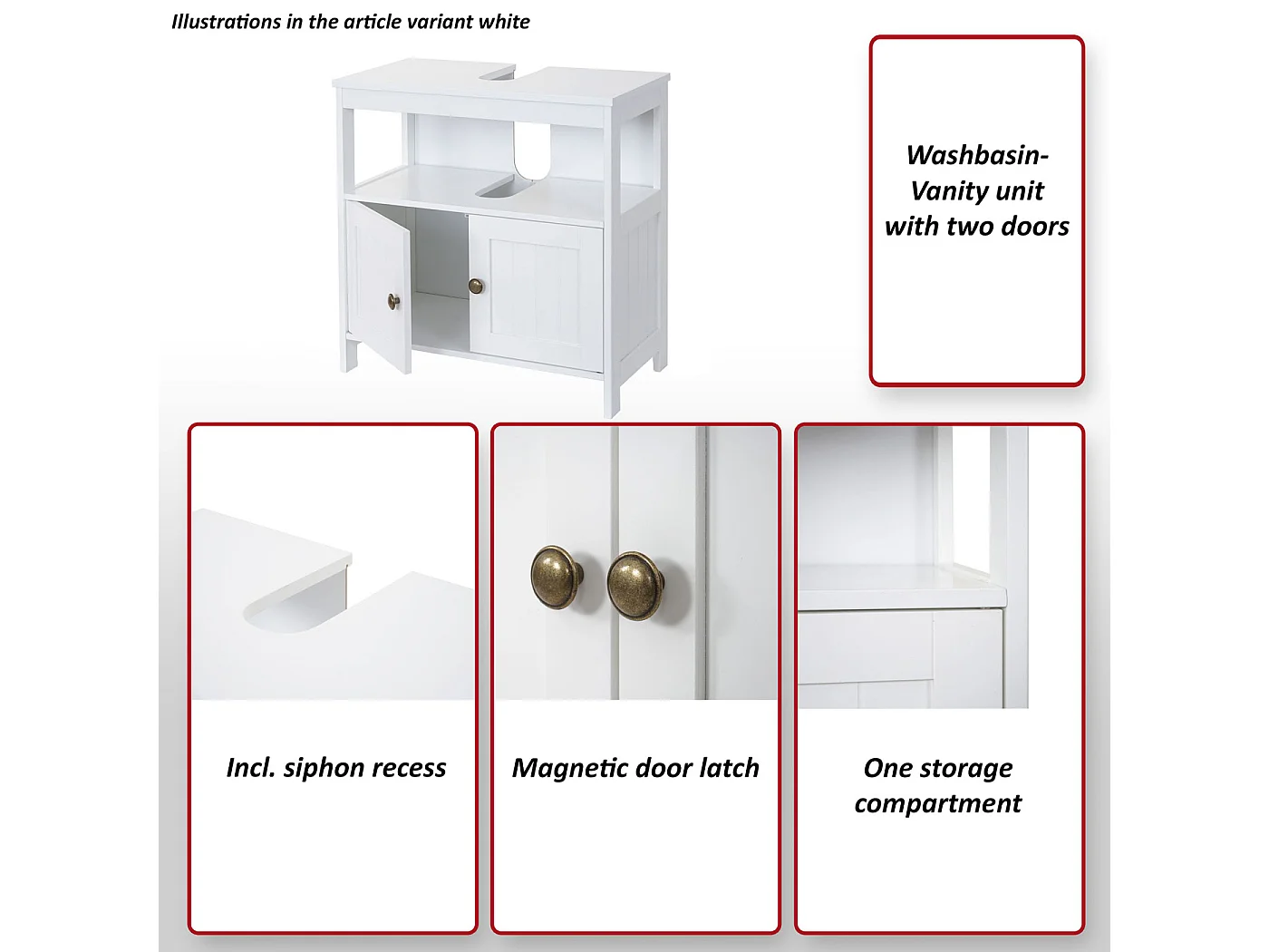 Arredo bagno mobile sottolavabo MCW-B63 MDF verniciato 30x60x60cm bianco