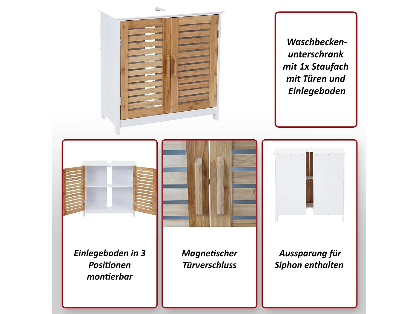 Meuble sous-lavabo MCW-B41, Meuble sous-vasque MCW-B41, bambou, blanc, 60x60x30cm