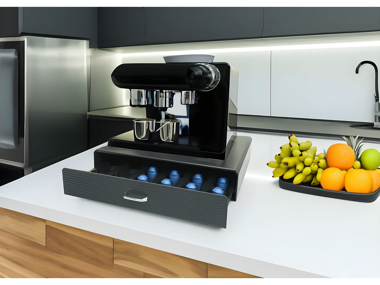 Tavolino supporto per macchina da caffè con cassetto porta capsule MCW-L98 polistirene antiurto 7x31x34cm nero