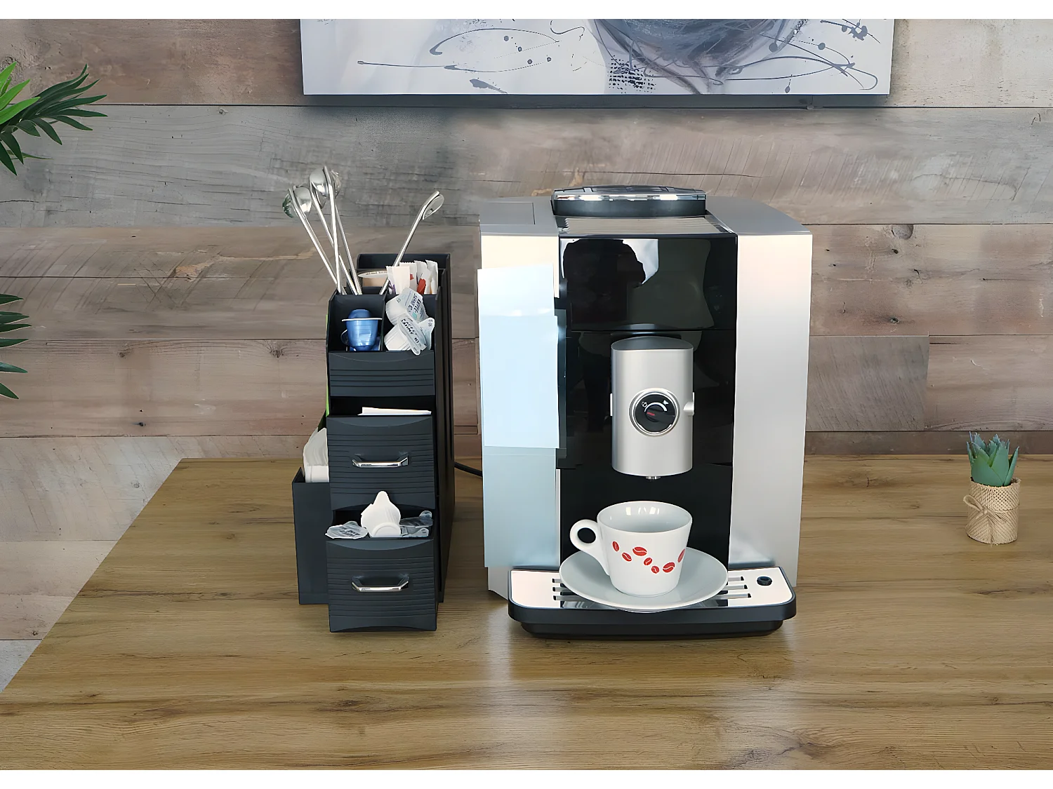 Tavolino supporto per macchina da caffè 2 cassetti 7 scomparti MCW-L97 polistirene antiurto 29x14x33cm nero